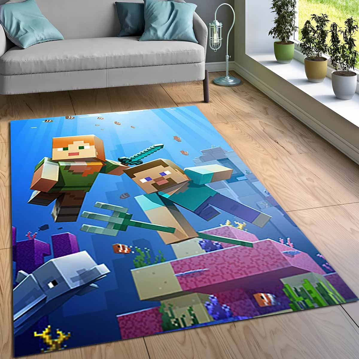 Minecraft Steve Und Alex Unter Wasser Biom Kampf Wchter Teppich, Hochwertiger Kinderteppich für echte Gamer minecraft steve und alex unter wasser biom kampf wchter teppich
